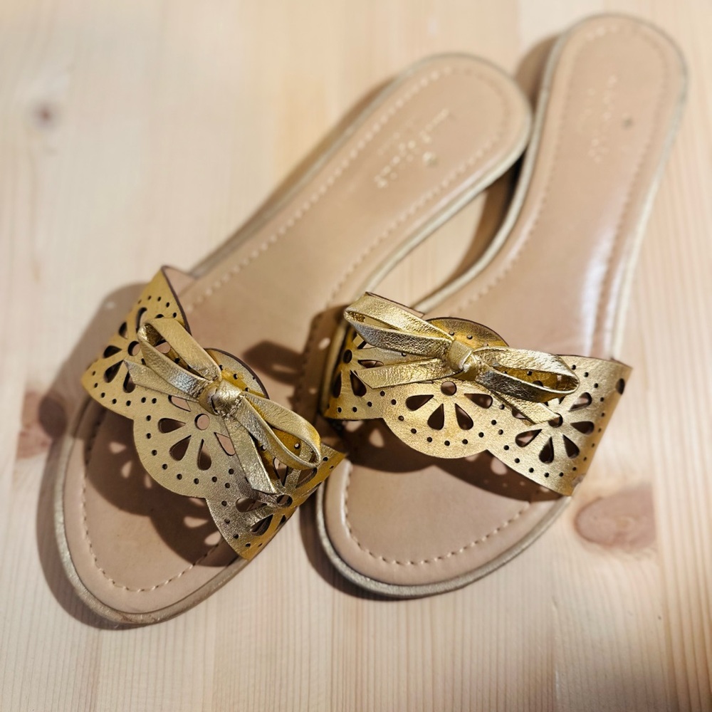 Kate Spade Gold Slip-On Floral Laser-Cut Slide Sandals - Women’s Size 10